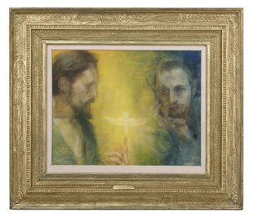 Otto Walter Beck (American, 1864-1954): Otto Walter Beck(American, 1864-1954) "Christ and Nicodemus" pastel on paper mounted on boardsigned lower right. Presented in an Art Deco-style carved and incised giltwood frame affixed with an