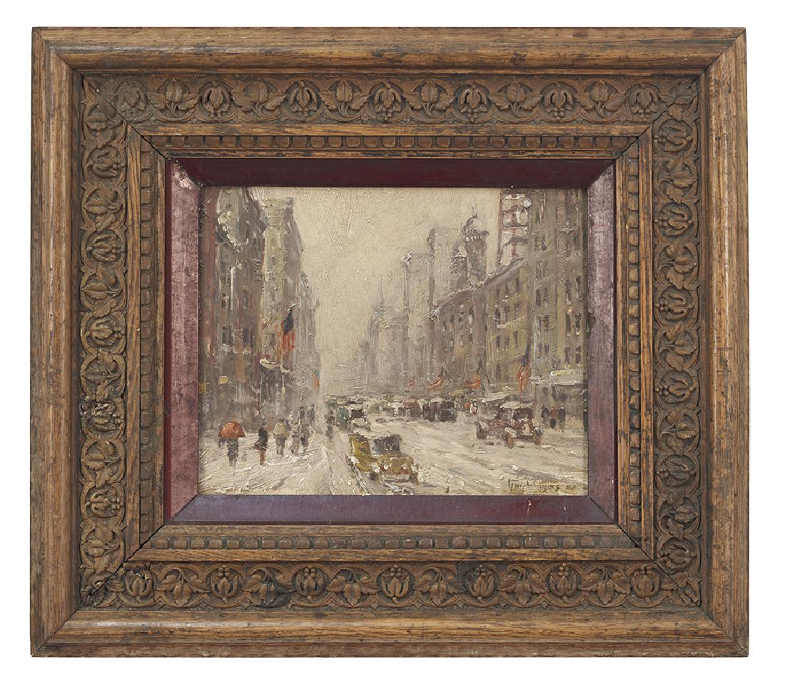 Guy Carleton Wiggins, N.A. (American, 1883-1962): Guy Carleton Wiggins, N.A. (American, 1883-1962) "Winter in New York City" oil on wood panel signed lower right. Framed. 7-3/4" x 10"