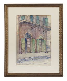 Ellsworth Woodward (US/New Orleans, 1861-1939): Ellsworth Woodward (American/New Orleans, 1861-1939) "French Quarter Scene" watercolor on paper signed lower left. Framed. sight 20-3/4" x 14-1/2"