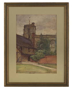 Ellsworth Woodward (US/New Orleans, 1861-1939): Ellsworth Woodward (American/New Orleans, 1861-1939) "Shakespeare Library, Stratford Upon Avon, England", 1900 watercolor on paper signed, dated and localized lower right. Matted, glazed and framed. s