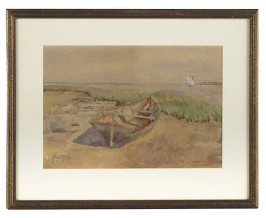 Ellsworth Woodward (US/New Orleans, 1861-1939): Ellsworth Woodward (American/New Orleans, 1861-1939) "Mississippi Coastal Scene with Canoe" watercolor on paper initialed lower right. Matted, glazed and framed. sight 13" x 18-3/4" Provenance: Naomi