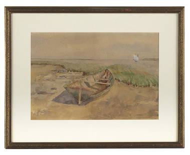 Ellsworth Woodward (US/New Orleans, 1861-1939): Ellsworth Woodward(American/New Orleans, 1861-1939) "Mississippi Coastal Scene with Canoe" watercolor on paperinitialed lower right. Matted, glazed and framed. sight 13" x 18-3/4" Provenance: