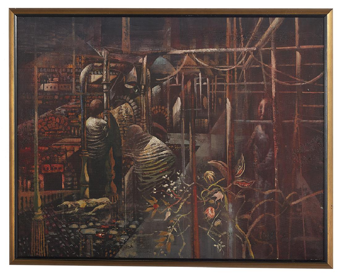 Noel Rockmore (American/New Orleans, 1928-1995): Noel Rockmore (American/New Orleans, 1928-1995) "Abandoned Brick Factory No. 1, Terre Haute" oil on canvas unsigned. Framed. 40" x 50" Provenance: Greer Gallery, New York, New York; Naomi Damonte Mars