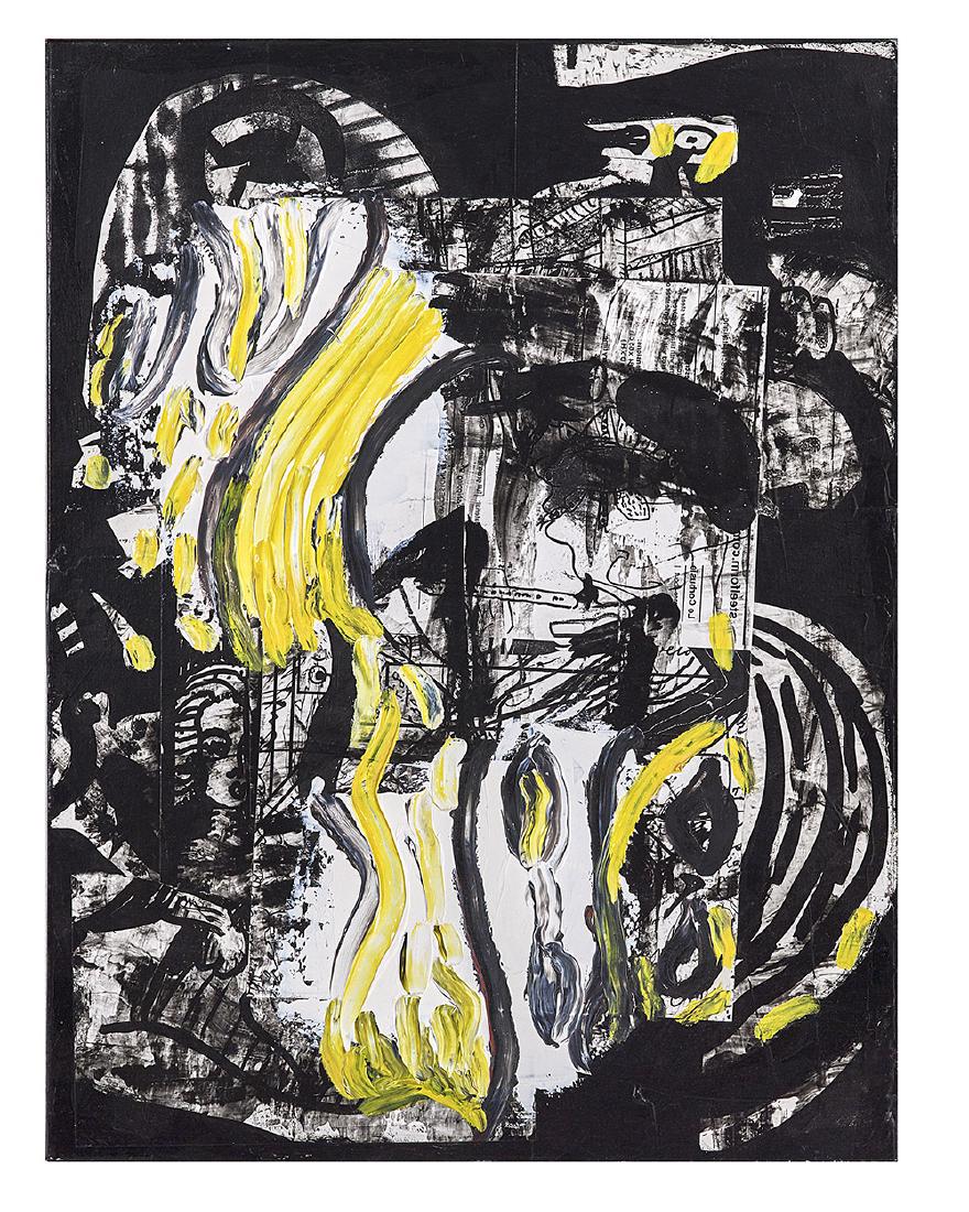 Dick Wray (American, 1933-2011): Dick Wray (American, 1933-2011) "Composition in Black and Yellow", 2009 mixed media collage on canvas signed and dated en verso. Unframed. 24" x 18"