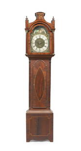 English Regency Mahogany Tall Case Clock: John Lawson Bradford English Regency Mahogany Tall Case Clockearly 19th century, the case with inlaid details, the face with engraved motifs and painted moon dial. h. 88", w. 21", d. 9"