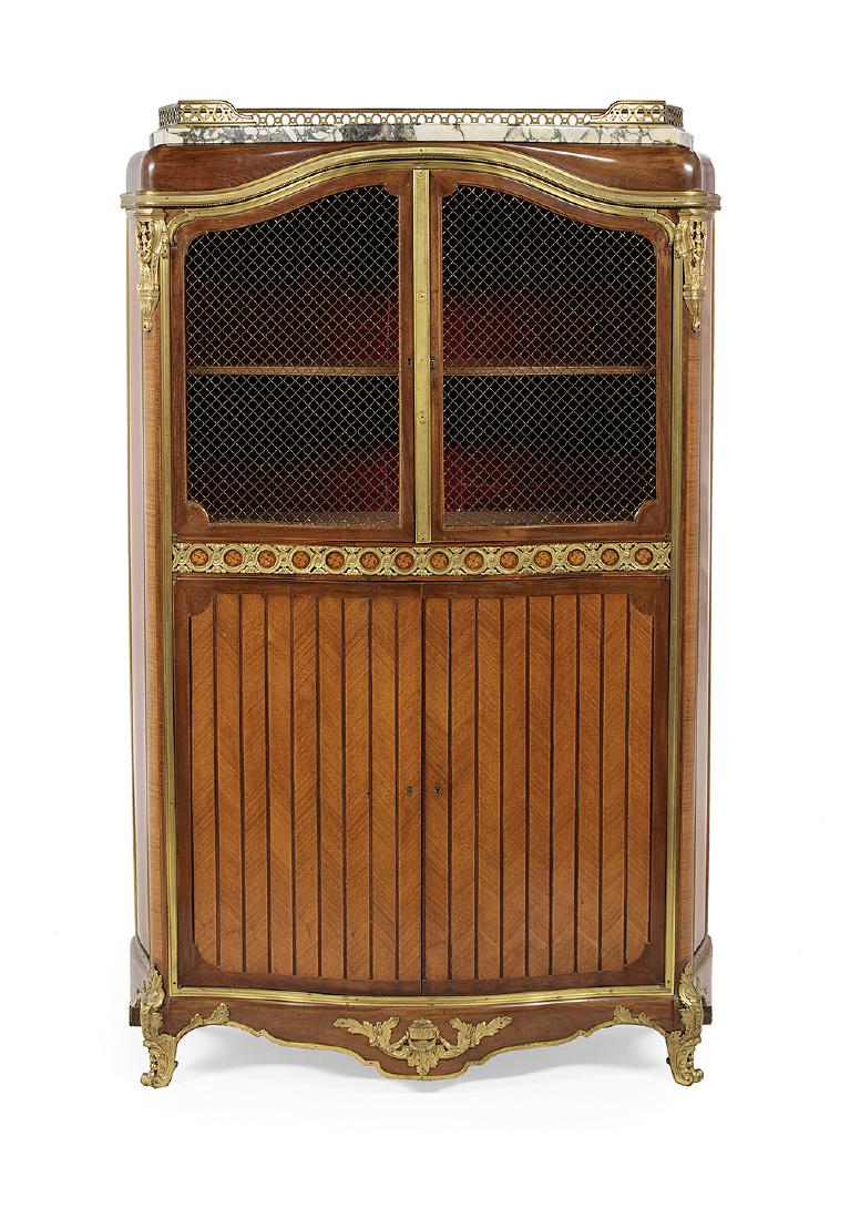 Mahogany, Kingwood and Marble-Top Vitrine Cabinet: Mahogany, Kingwood and Marble-Top Vitrine Cabinetearly 20th century, in the transitional Louis XV/XVI style, and in the manner of Francois Linke, the thick, bowed marble top with a three-quarter pierc