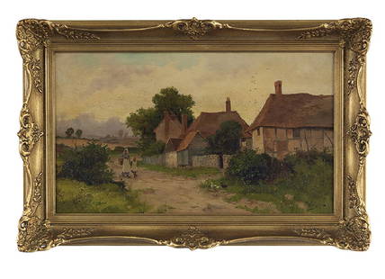 William Henderson, (British, 1844-1904): William Henderson (British, 1844-1904)"Mother and Child Walking on Path Near Cottages"oil on canvas signed lower right. Framed. 12" x 20"Provenance: I. and E. Campbell, Dealers in Antiques, Edinburgh,