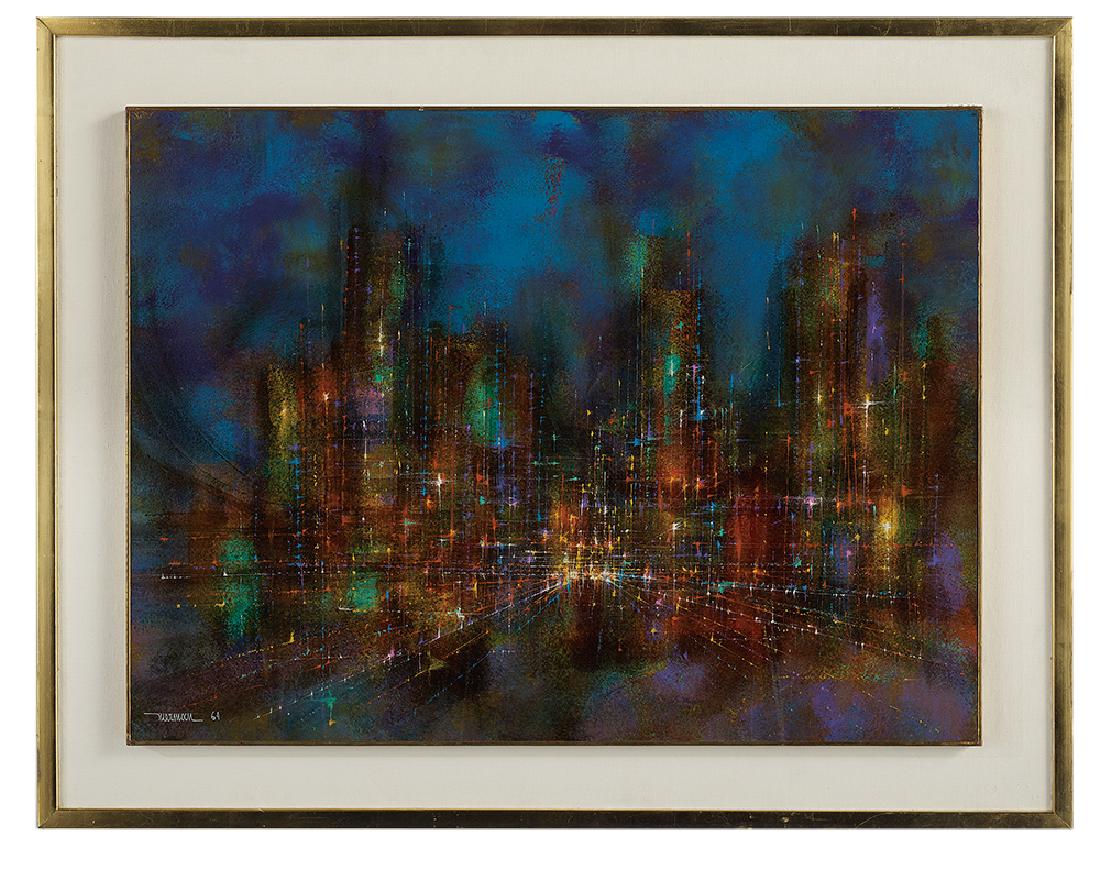 Leonardo Nierman, (Mexican, b. 1932): Leonardo Nierman (Mexican, b. 1932)"Ciudad Prismatica", 1964mixed media on masonite signed and dated lower left, titled, dated and inscribed on a registration form for the "Instituto Nacional de Bella