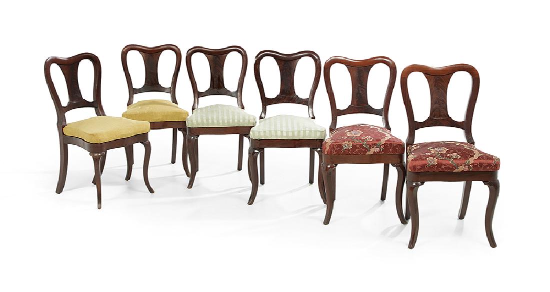 Six American Mahogany Dining Chairs: Suite of Six American Late Classical Mahogany Dining Chairssecond quarter 19th century, school of Duncan Phyfe & Son, each with a shaped back with well-figured splat, the serpentine seat over a confor