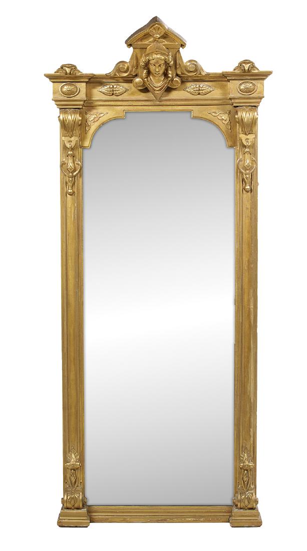 American Giltwood Pier Mirror: American Giltwood Pier Mirrorthird quarter 19th century, in Renaissance Revival style, with molded and scrolled brackets on each side of the base, and on each side under the crest, molded anthemia and