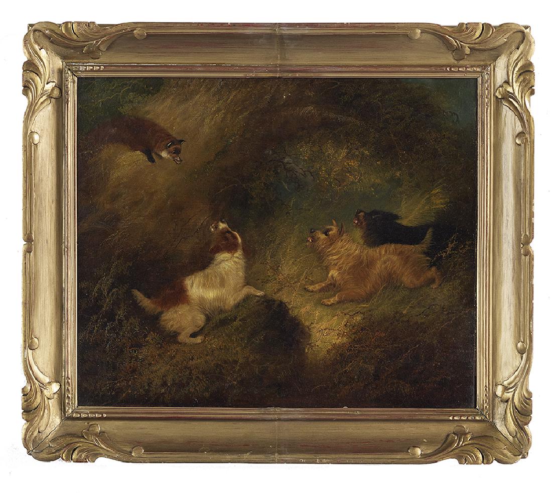 George Armfield (British, ca. 1808-1893): George Armfield (British, ca. 1808-1893) "Chasing the Fox" oil on canvas signed lower right. Framed. 20-1/4" x 24"