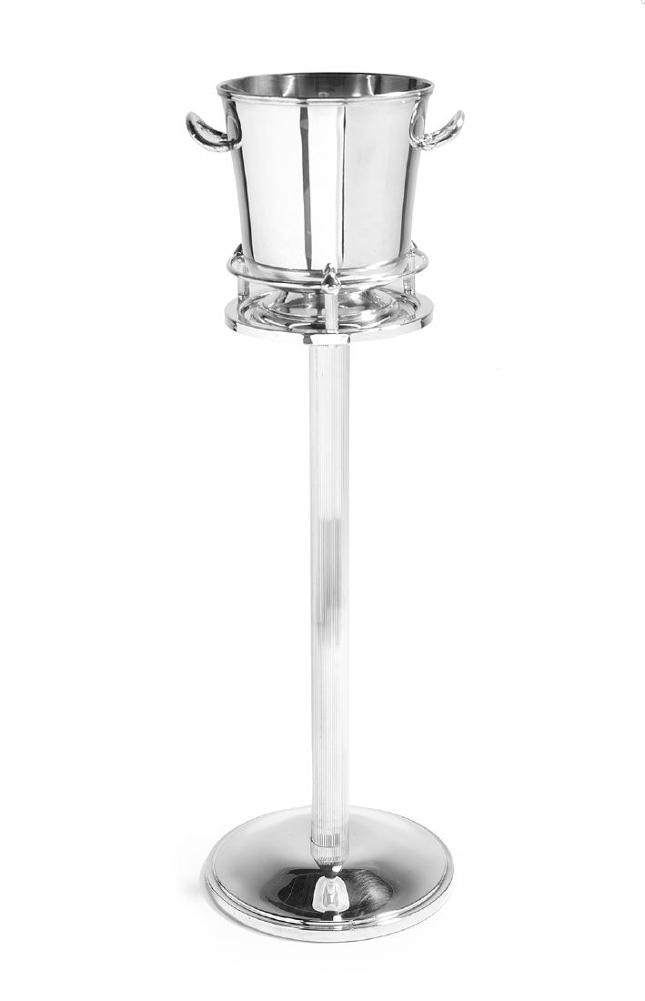 Christofle Silverplate Wine Cooler-on-Stand: Christofle Silverplate Wine Cooler-on-Stand contemporary, Paris, the bucket-form cooler with stirrup handles and molded rim and foot-ring, presented on a stand with balustraded capital, reeded standar