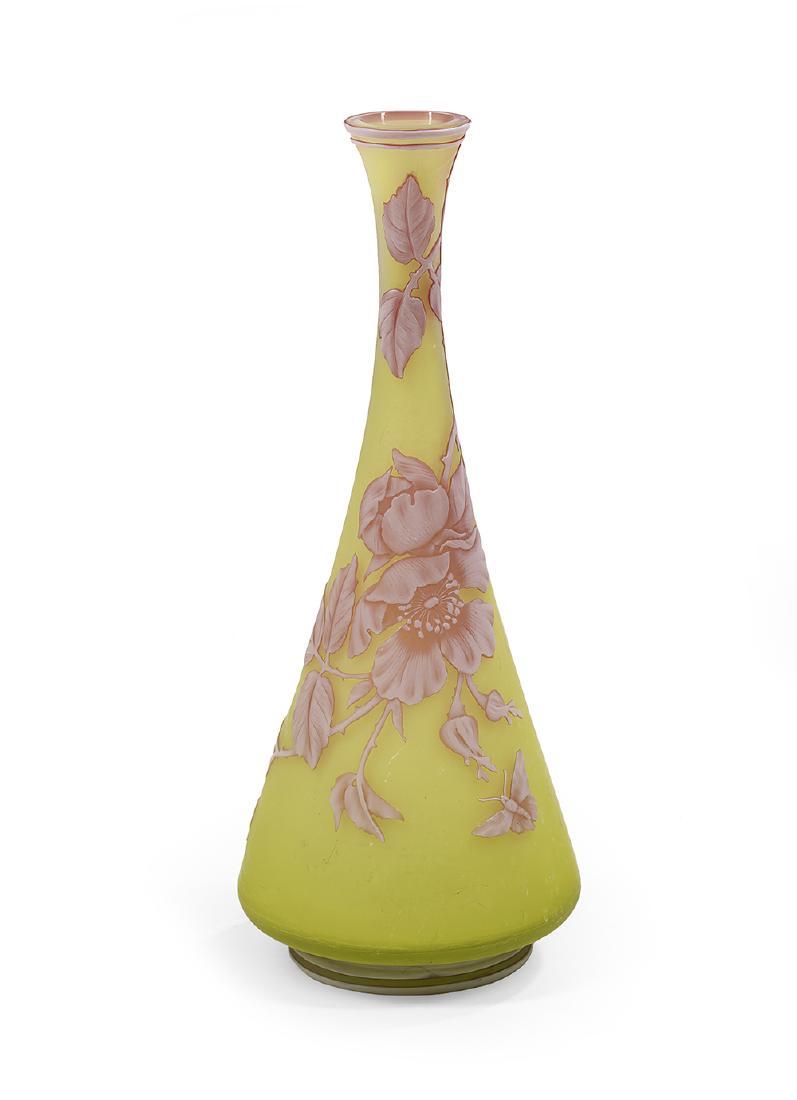 Thomas Webb Cameo Glass Bud Vase: Thomas Webb Cameo Glass Bud Vase fourth quarter 19th century, English, decorated with white and pink flowers on a yellow-green ground, the bottom marked "Thomas Webb Sons Cameo, Gem". h. 8-1/4", dia.