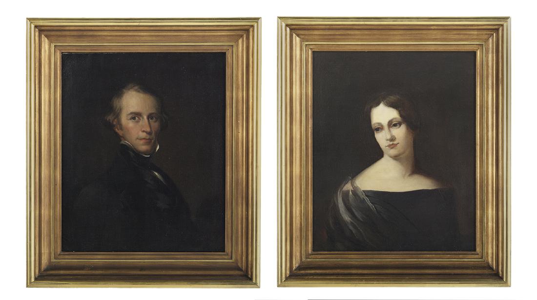 School of Thomas Sully (UK/American, 1783-1872): School of Thomas Sully (British/American, 1783-1872) "Pendant Portraits of Husband and Wife" pair of oils on canvas Presented in matching frames. each 27-1/2" x 22-1/2"