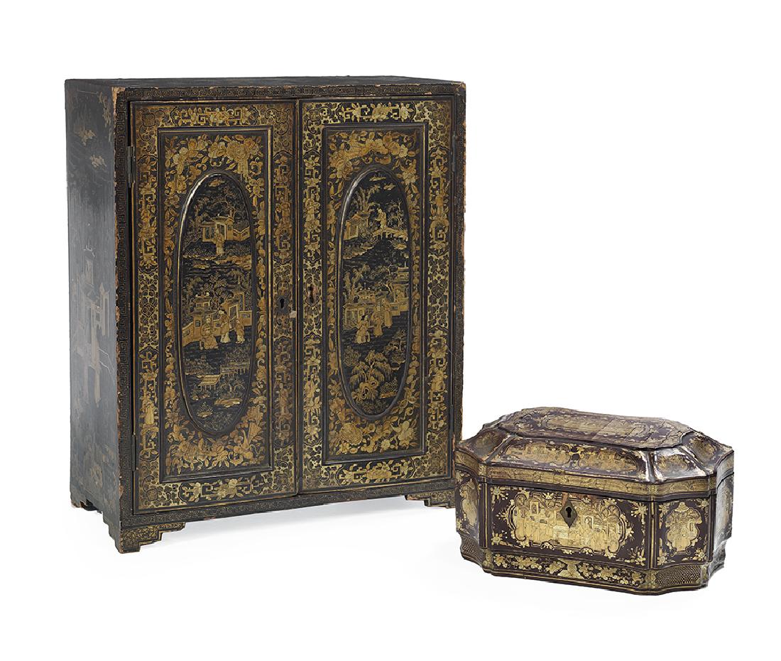 Chinese Export Lacquer Tea Caddy and Cabinet (1 of 2)