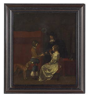 Follower of Pieter de Hooch, (Dutch, 1629-1688): Follower of Pieter de Hooch (Dutch, 1629-1688) "Interior Scene with an Elegant Couple and a Servant", late 19th/early 20th century oil on canvas unsigned. Presented in a Dutch Baroque-style frame. 24-