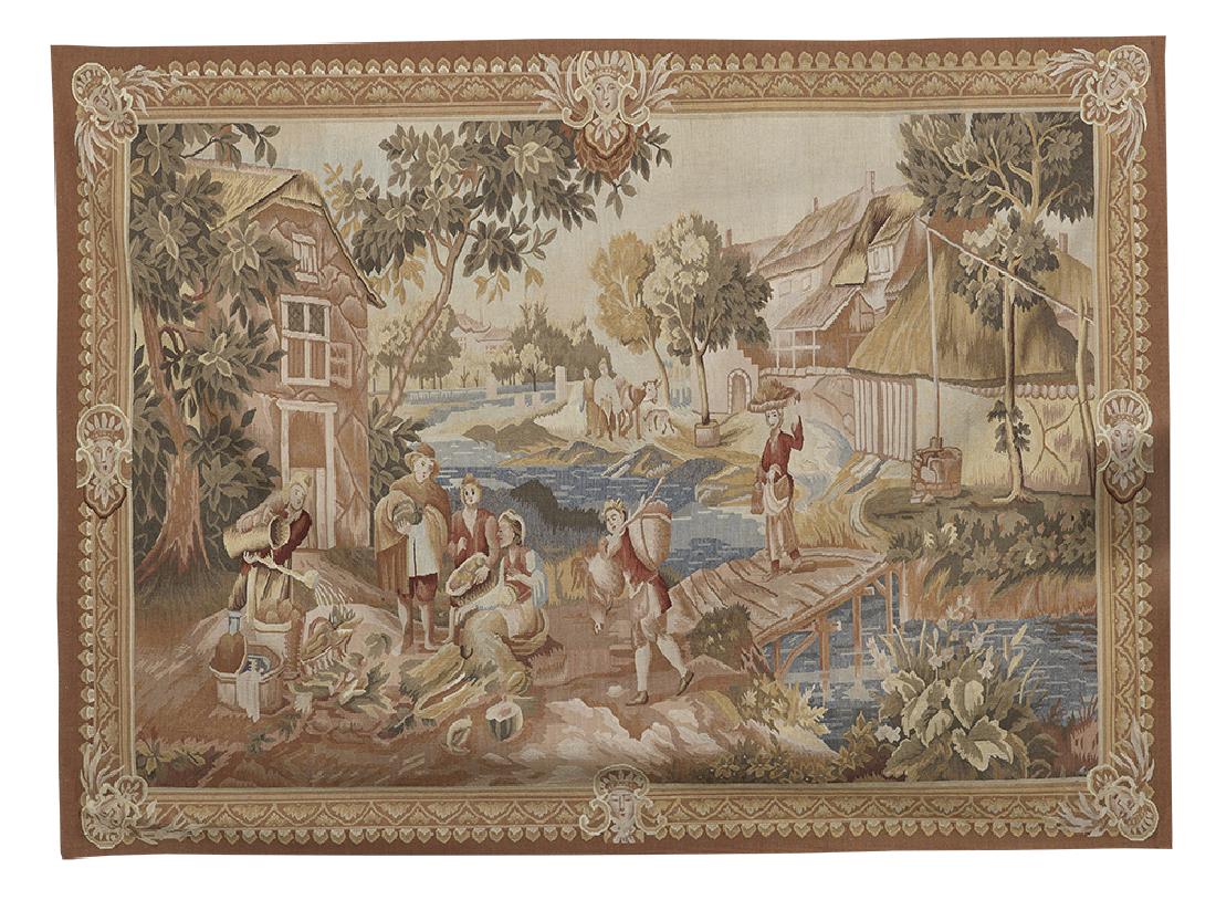 French Aubusson Tapestry: French Aubusson Tapestry depicting a streamside village, with villagers tending gardens and harvesting. 5' x 7'
