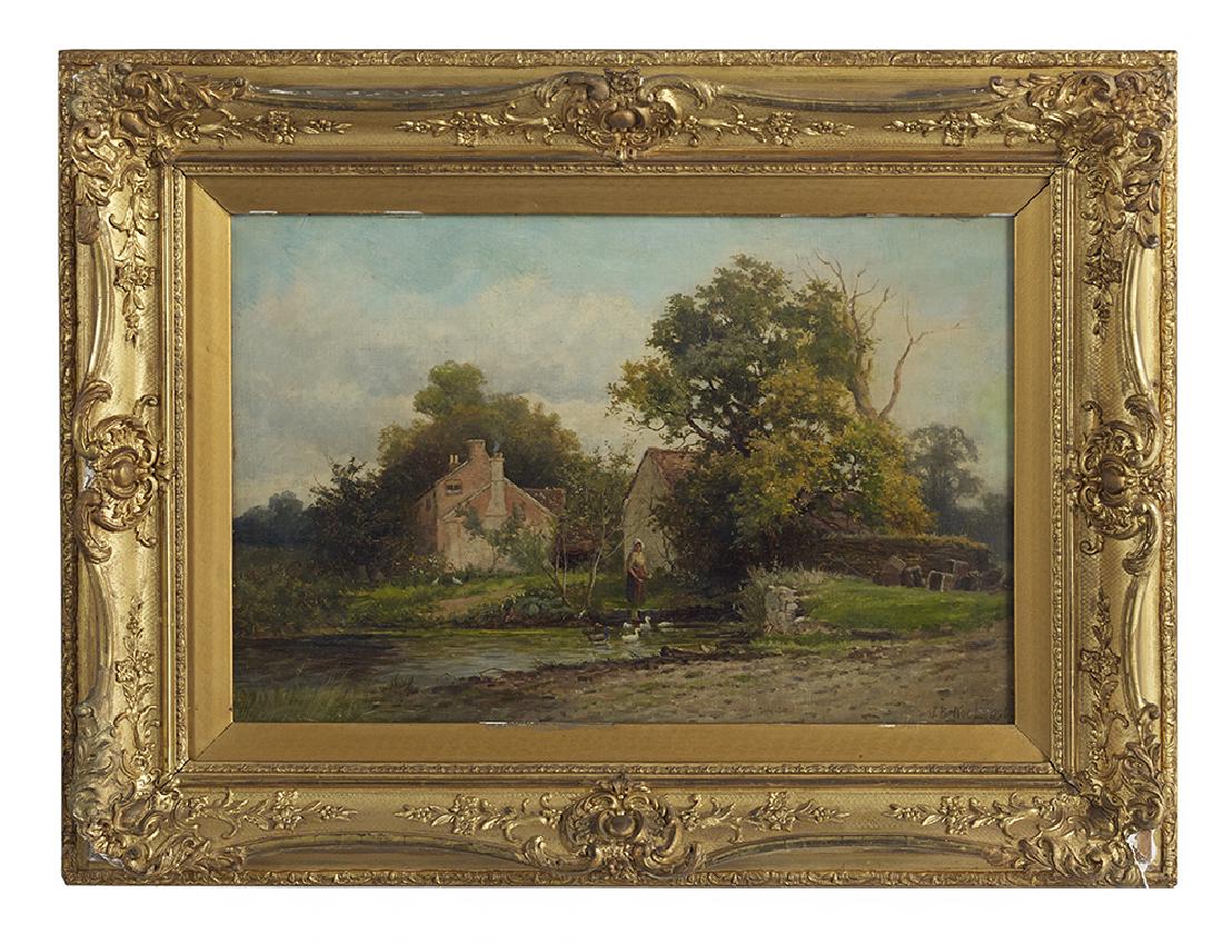 John Bates Noel, (British, 1870-1927): John Bates Noel (British, 1870-1927) "Feeding the Ducks", 1906 oil on canvas board signed and dated lower right. Framed. 15-3/4" x 24"
