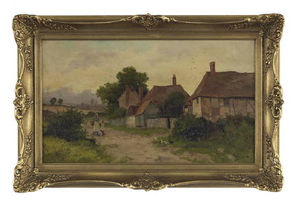 William Henderson, (British, 1844-1904): William Henderson (British, 1844-1904) "Mother and Child Walking on Path Near Cottages" oil on canvas signed lower right. Framed. 12" x 20" Provenance: I. and E. Campbell, Dealers in Antiques, Edinbur