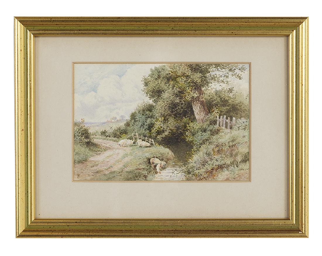 Myles Birket Foster, (British, 1825-1899): Myles Birket Foster (British, 1825-1899) "Child and Sheep by the Brook" watercolor on paper monogrammed lower left. Matted, glazed and framed. sight 4-7/8" x 7-3/8"