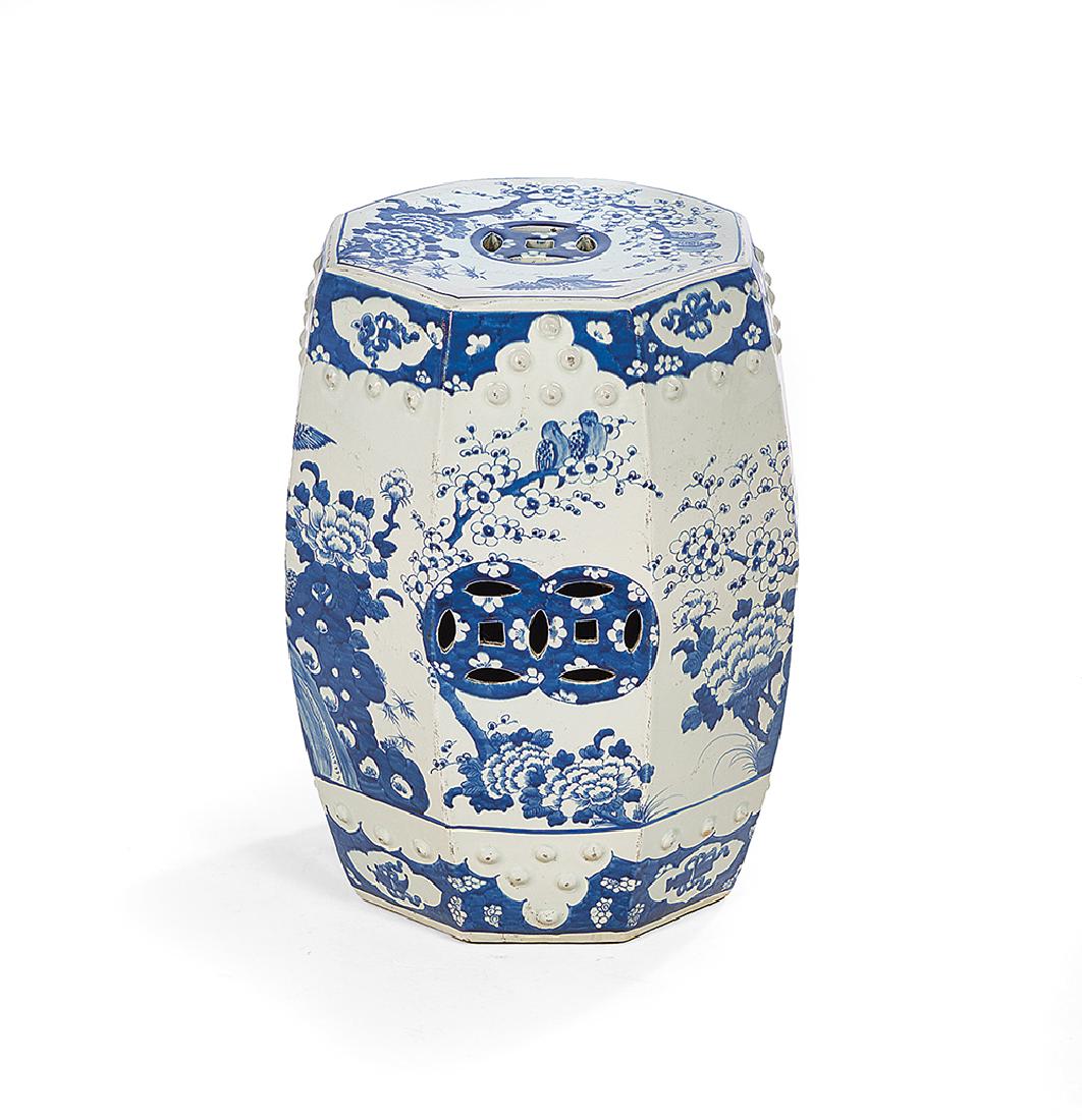 Chinese Blue and White Porcelain Garden Seat: Chinese Blue and White Porcelain Garden Seat 20th century, of octagonal form with slightly convex sides, having pierced cash-coin symbols and raised bead detail, decorated throughout with birds, flowe