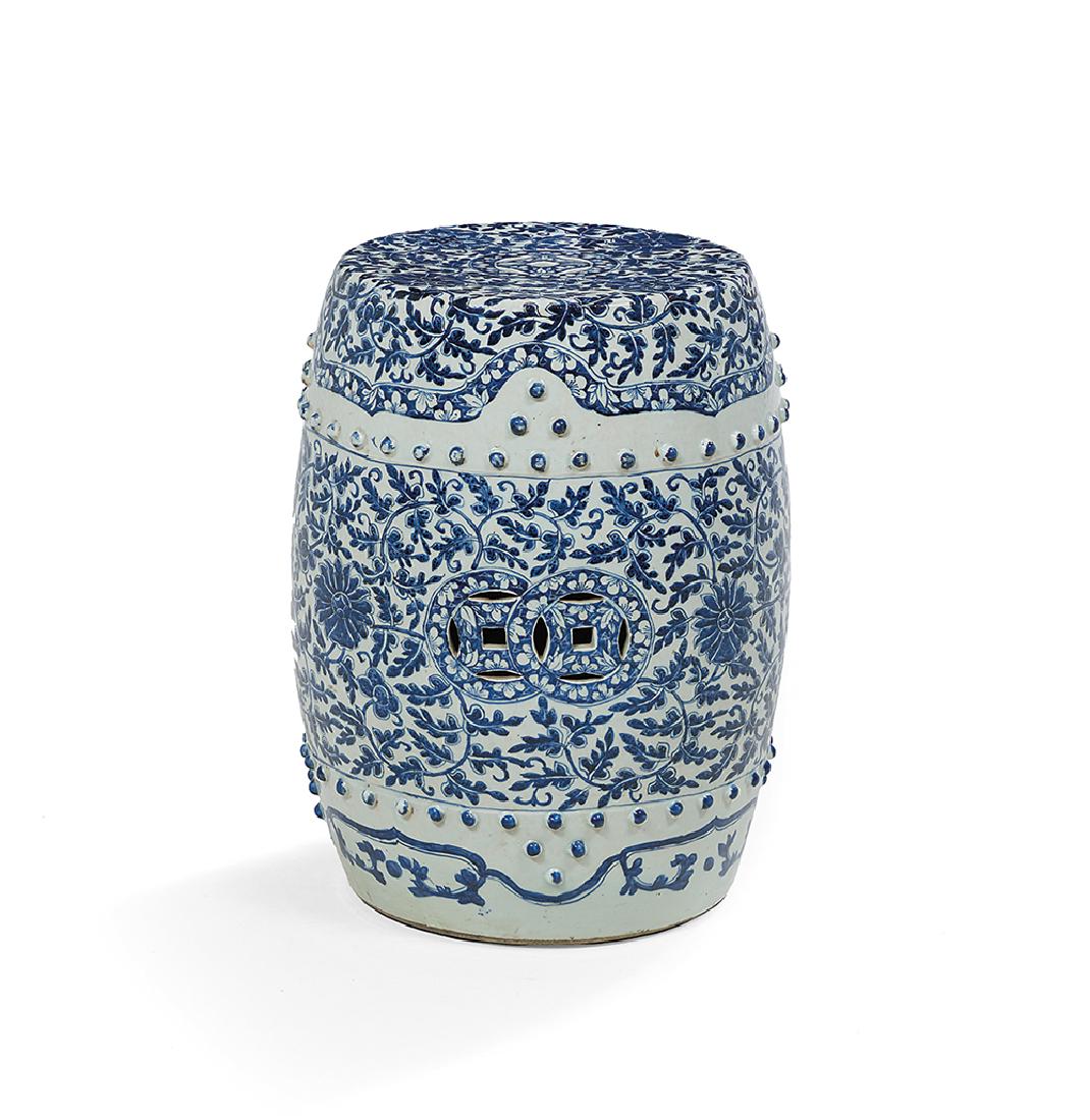 Chinese Blue and White Porcelain Garden Seat: Chinese Blue and White Porcelain Garden Seat late 20th century, of cylindrical form with slightly convex sides, with two bands of raised bead detail and opposing pierced cash-coin symbols, decorated a
