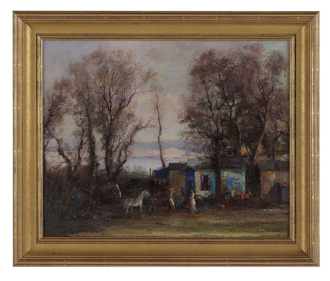 Guy Cambier, (French, 1923-2008): Guy Cambier (French, 1923-2008) "A Gypsy Camp" oil on canvas signed lower right. Framed. 26" x 32" Provenance: Galerie D'Art de la Place Beauvau, Paris, France, 1976; The Estate of Elaine Smith Frost