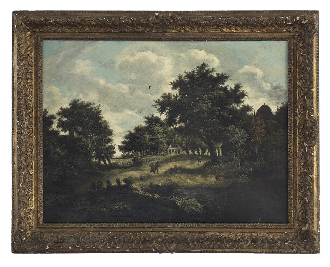 Attr. to Meindert Hobbema, (Dutch, 1638-1709): Attributed to Meindert Hobbema (Dutch, 1638-1709) "Country Landscape with a Pond, Figures and a Cottage" oil on canvas unsigned. Presented in a giltwood and gesso frame affixed with artist plaque. 33-