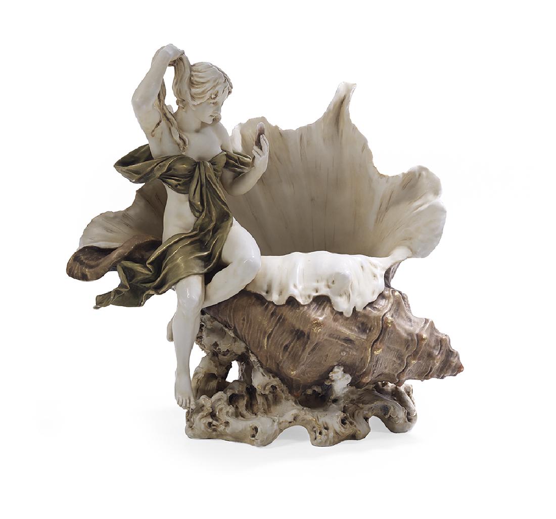 Royal Dux Art Nouveau Porcelain Vase: Royal Dux Art Nouveau Porcelain Vase pre-1914, Bohemian, depicting a sea nymph on a shell, executed in typical ivory, green and brown colors, with flourishes of gold, with the Royal Dux mark, includin