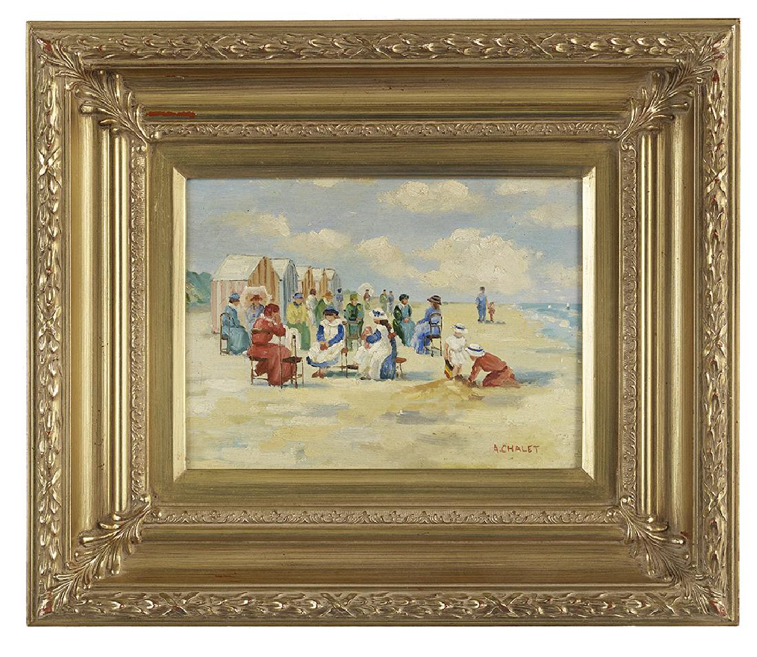 Andre Chalet, (French, b. 1954): Andre Chalet (French, b. 1954) "Beach Scenes" pair of oils on panels each signed lower right. Framed alike. each 9" x 12"
