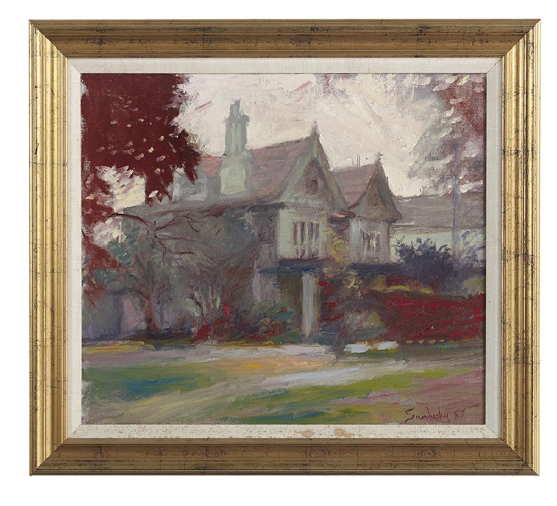 Phil Sandusky, (American/Louisiana, Contemporary): Phil Sandusky (American/Louisiana, Contemporary) "The Gray House", 1987 oil on canvas signed and dated "1987" lower right, a "The Carol Robinson Gallery/New Orleans, Louisiana" label en verso. Framed.