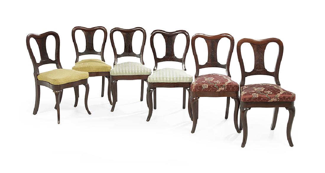 Six American Late Classical Dining Chairs: Suite of Six American Late Classical Mahogany Dining Chairs second quarter 19th century, school of Duncan Phyfe & Son, each with a shaped back with well-figured splat, the serpentine seat over a confo