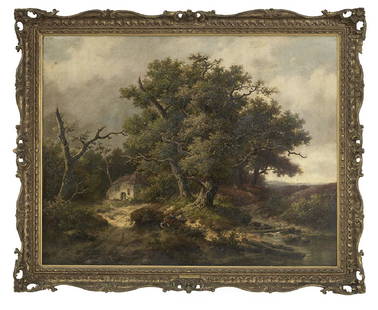 Hendrik Pieter Koekkoek (Dutch, 1843-1895): Hendrik Pieter Koekkoek (Dutch, 1843-1895) "Landscape with Cottage, River and Bridge" oil on canvas signed lower left. Framed. 36-1/4" x 46-1/4"