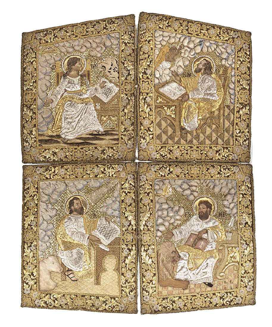 Goldwork Embroidery Panels of the Evangelists: Fine and Exceptional Group of Four Ecclesiastical Goldwork Embroidery Panels of the Four Evangelists ca. 1800, densely worked with gold and silver thread and bullion, gold broad plate, and wrapped sil