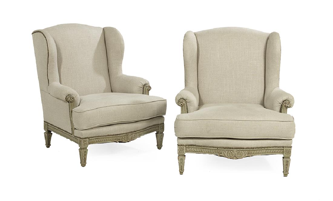 Pair of Louis XVI-Style Bergeres Avec Orielles: Pair of Louis XVI-Style Polychrome Bergeres Avec Orielles 20th century, the slightly domed and padded back joined by shaped and padded outscrolled arms to the cushioned seat, raised above an imbricate
