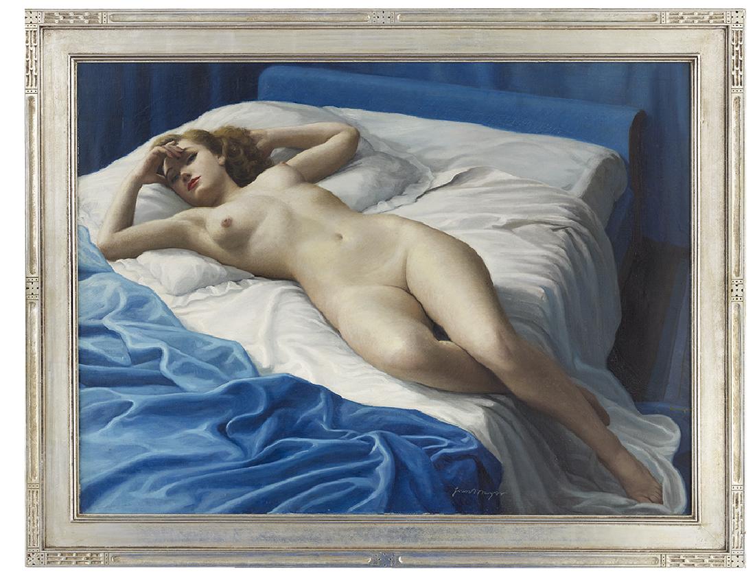 Joan Mayor (20th Century): Joan Mayor (20th Century) "Reclining Nude in a Blue Interior" oil on canvas signed lower right. Framed. 37-1/2" x 51"