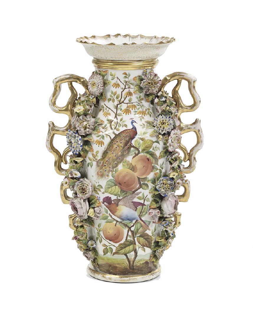 Paris Porcelain Garniture Vase: Paris Porcelain Garniture Vase mid-19th century, in the manner of Jacob Petit, with unusual vine-molded handles, hand-painted with a peacock and fruits on the obverse and fruits and flowers on the rev