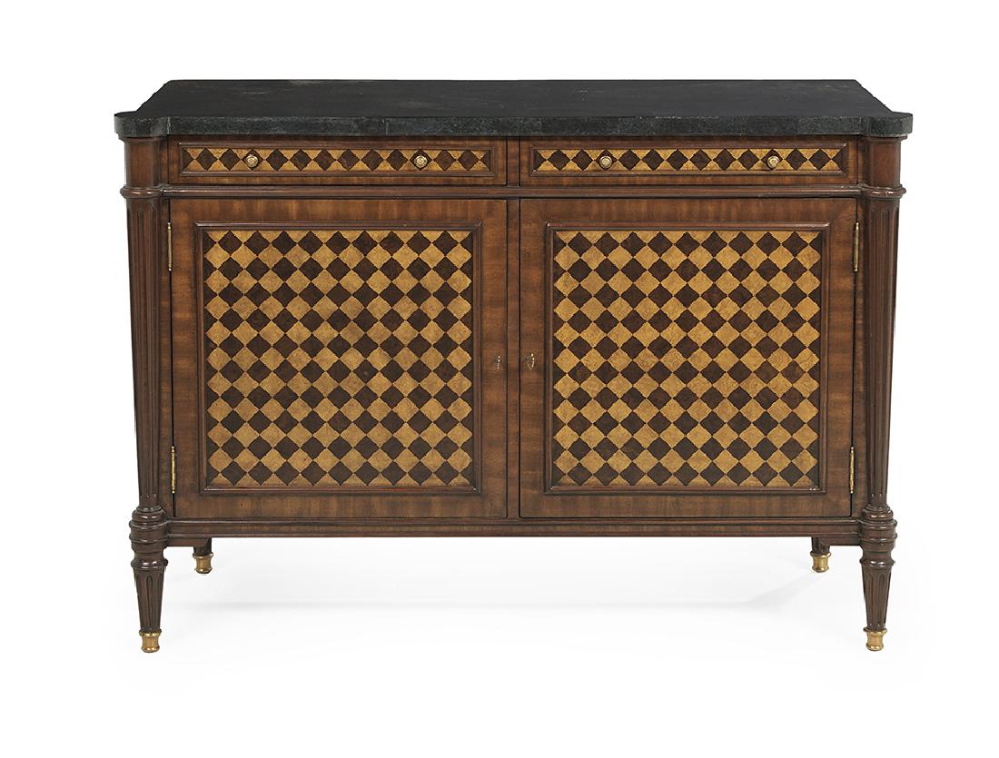 Louis XVI-Style Mahogany and Marble-Top Cabinet: Louis XVI-Style Mahogany and Marble-Top Cabinet the rectangular marble top with turreted corners, above a conforming case fitted with two drawers over two cupboard doors, all with parquetry panels, ra