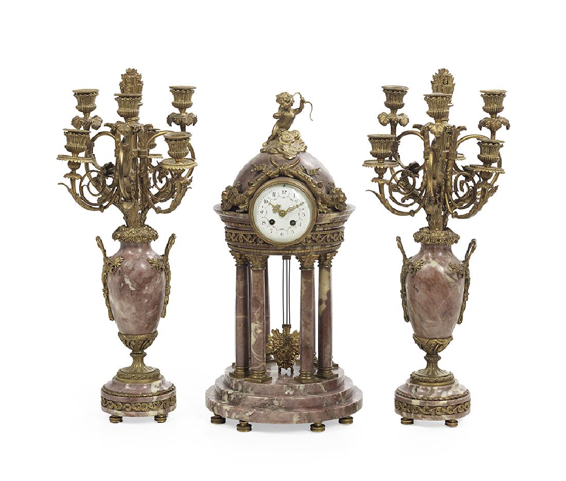 French Marble and Gilt-Bronze Clock Set (1 of 2)