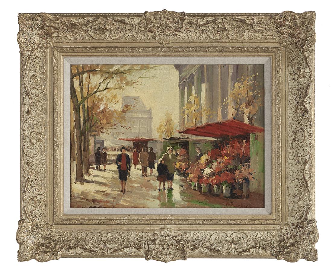Rene Rambert (French, 1901-1991): Rene Rambert (French, 1901-1991) "Marche aux Fleurs, Place de la Madeleine" oil on panel signed lower right, after a painting by Edouard Cortes (French, 1888-1969). Framed. 12" x 16"