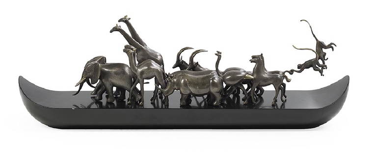 Loet Vanderveen (Dutch, 1921-2015): Loet Vanderveen (Dutch, 1921-2015) "Ark" patinated and polished bronze incised signature, copyright-marked and numbered "56/150" on rhino's belly, set upon a black lacquer ark-shaped base. overall h.