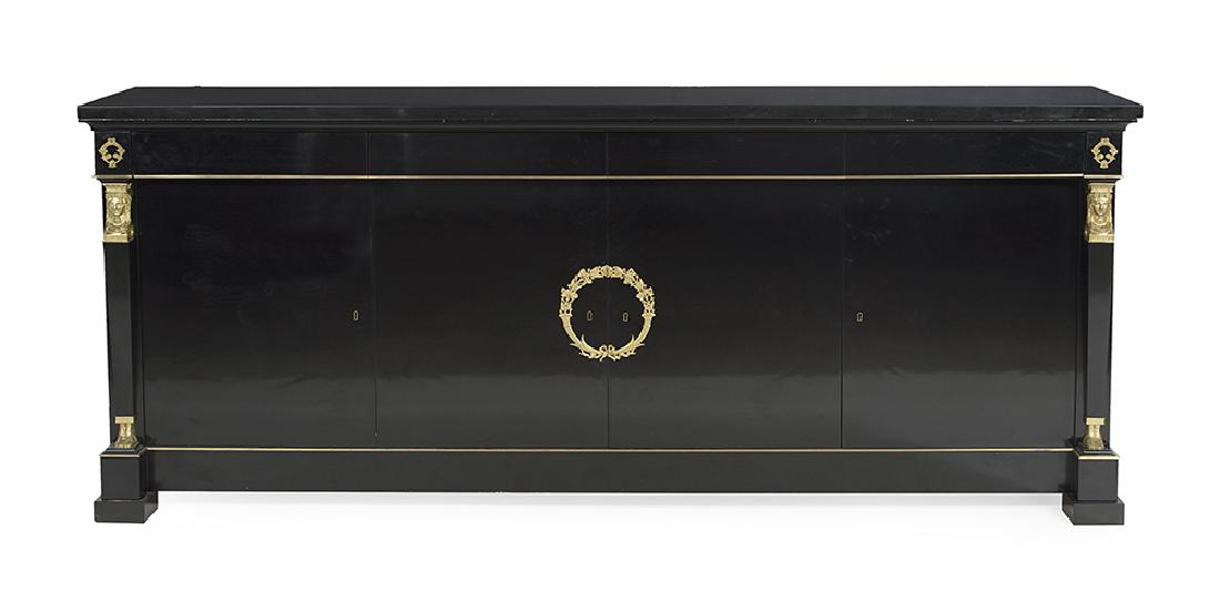 De Coene Freres Ebonized and Marble-Top Cabinet: Fine De Coene Freres Mid-Century Modern Ebonized and Marble-Top Cabinet Courtrai, Belgium, in the Empire taste, the rectangular charcoal marble top above a conforming case fitted with four frieze draw