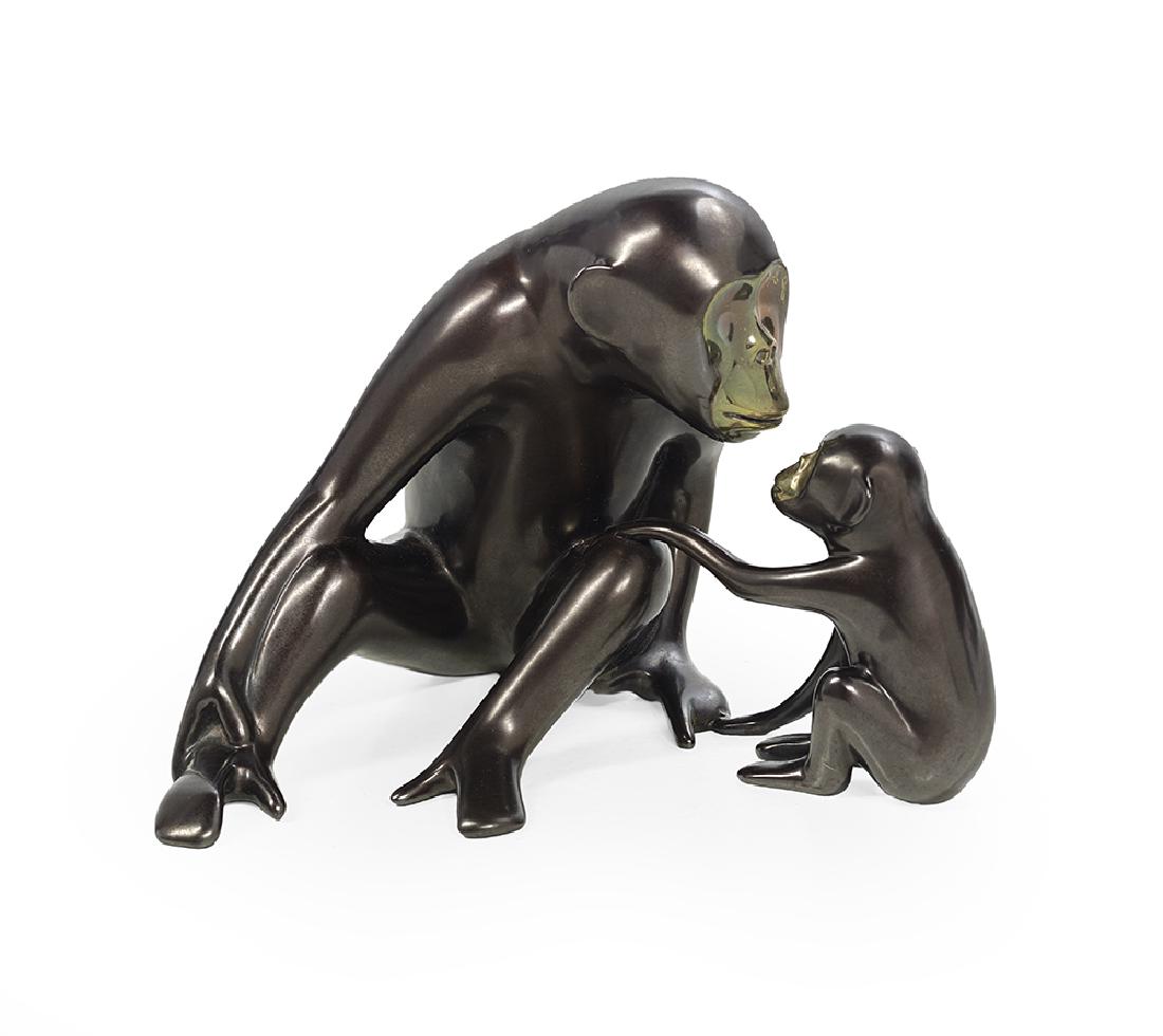 Loet Vanderveen (Dutch, 1921-2015): Loet Vanderveen (Dutch, 1921-2015) "Chimpanzee and Baby" patinated and polished bronze incised signature, copyright-marked and numbered "97/750" at bottom of proper left thigh. h. 5-1/2", w. 7-1/4", d