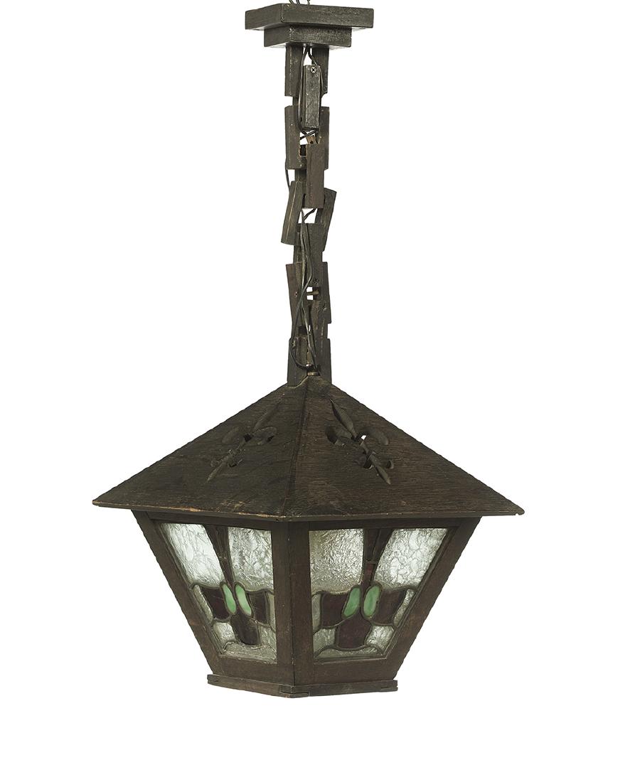Arts and Crafts Oak and Stained Glass Lantern (1 of 1)