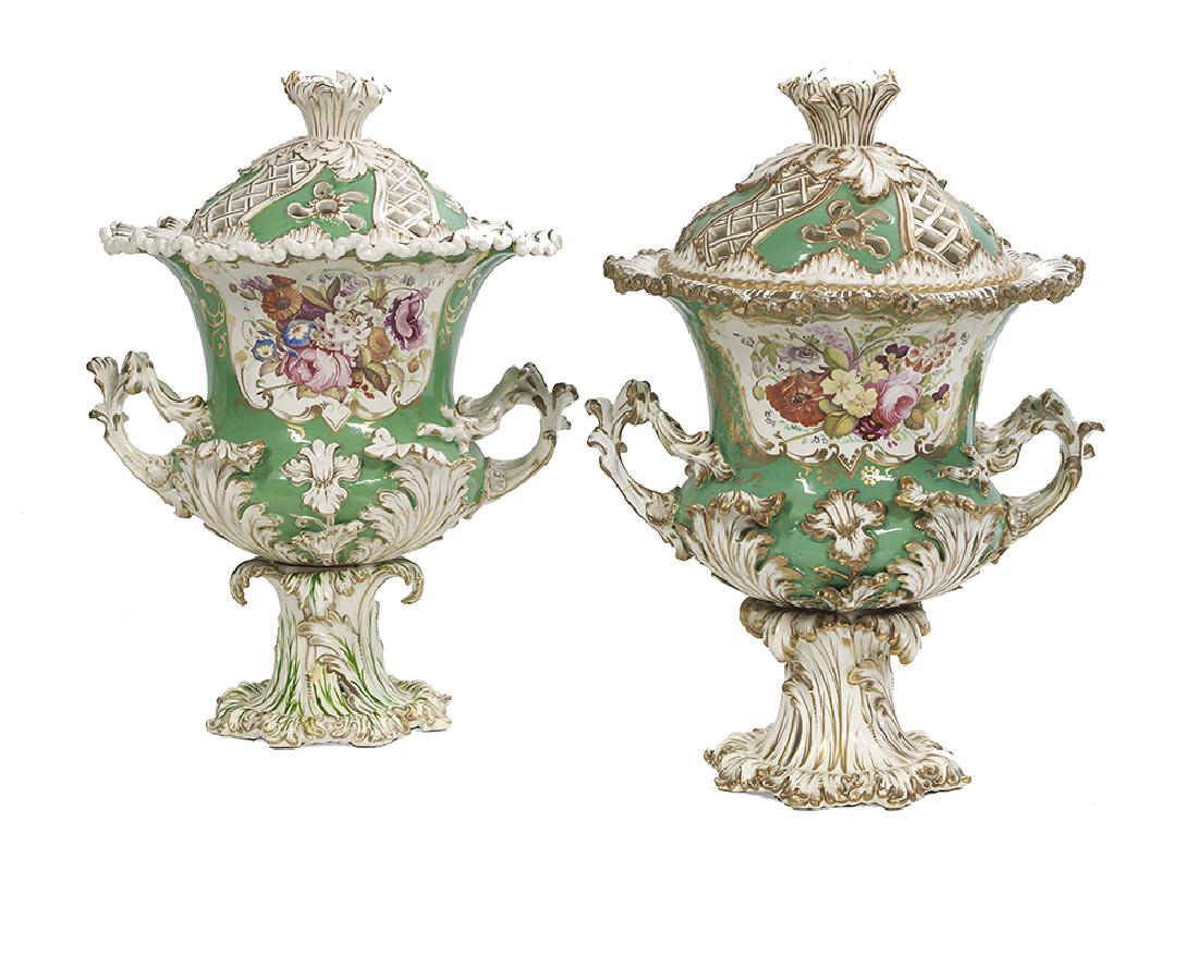 Pair of Assembled English Porcelain Vases: Impressive Pair of Assembled English Porcelain Vases second quarter 19th century, possibly Coalport, both hand-painted with tightly bunched flowers against an apple green ground, the rococo bodies tri