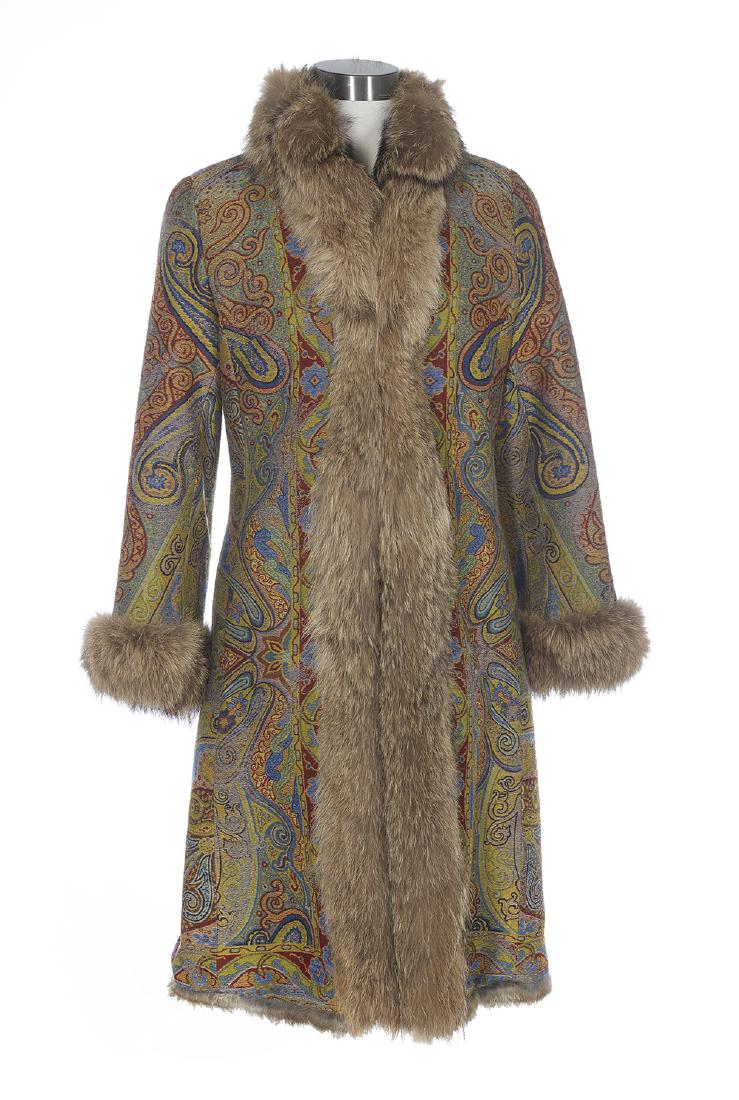 Etro, Milan, Reversible Jacquard and Fur Coat: Etro, Milan, Reversible Jacquard and Fur CoatEuropean size 42, the wool and silk paisley jacquard fully reversing to dyed patchwork rabbit, the collar, front and cuffs trimmed with coyote, on-seam poc