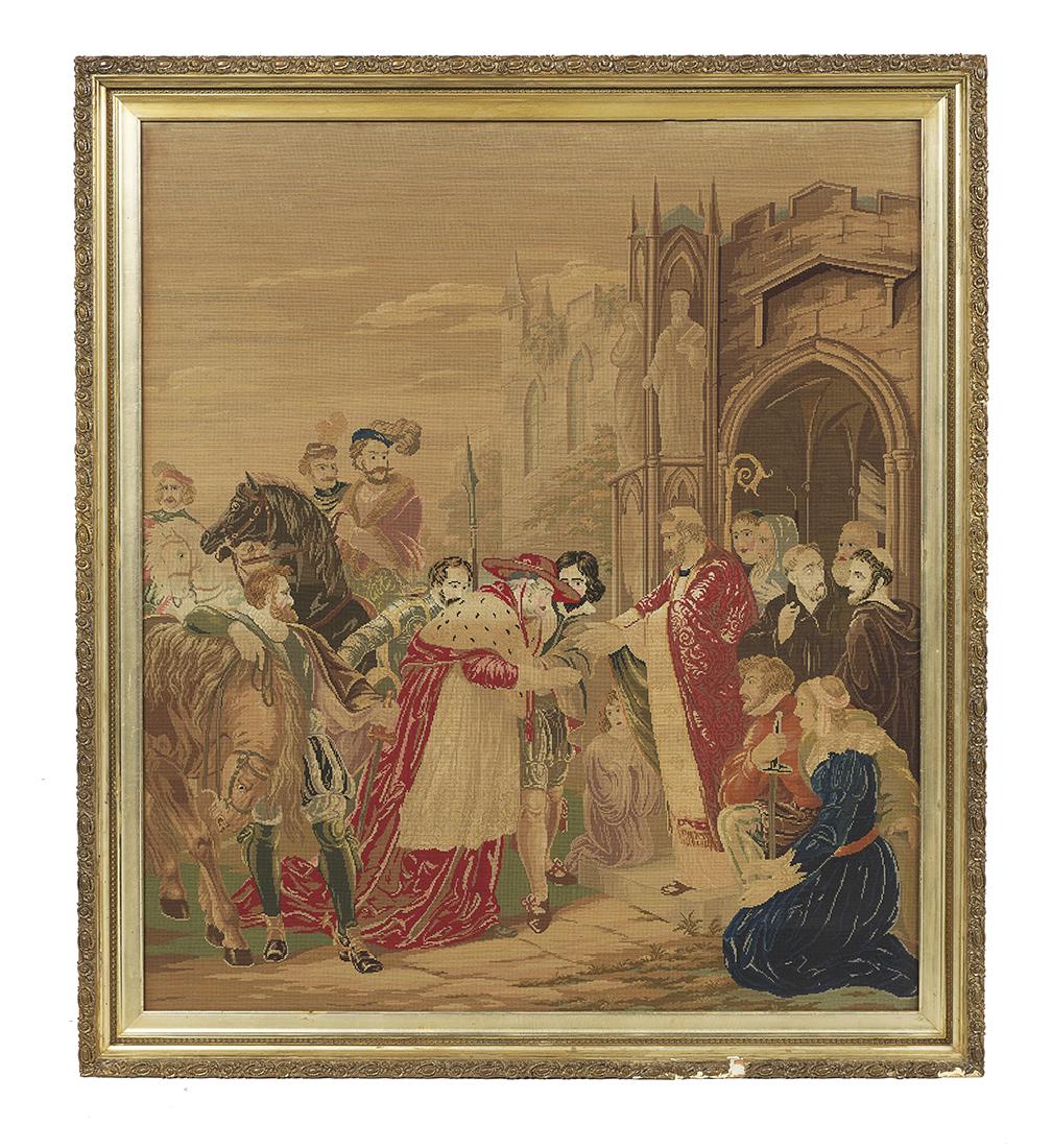 Continental Needlepoint of "Pilgrimage End": Continental Needlepoint of "Pilgrimage End" fourth quarter 19th century,glazed and framed. 49" x 43"