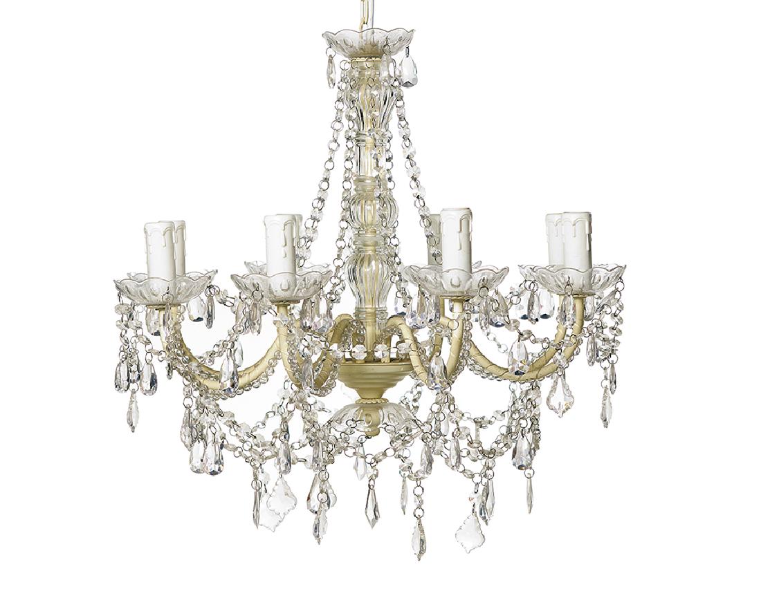 Diminutive Cream-Painted Eight-Light Chandelier: Diminutive Cream-Painted Eight-Light Chandelier mid-20th century, of Maria Theresa inspiration, dressed with faux-crystal chains and various shaped pendalogues, electrified. h. 21", dia. 22"