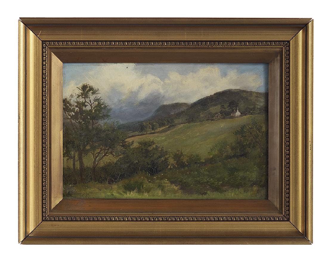 Isaac Cooke R.B.A., (British, 1846-1922): Isaac Cooke, R.B.A. (British, 1846-1922) "Looking Towards Trefriw from Llanbedr, Wales" oil on beveled wood panel signed lower left, signed and titled on old handwritten label en verso. Framed. 8-1/4"