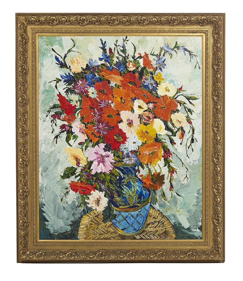 Maria Rosenberg, (Canadian, b. 1969): Maria Rosenberg (Canadian, b. 1969) "Still Life of Poppies and Roses" acrylic on canvas signed lower right and en verso. Framed. 60" x 48"